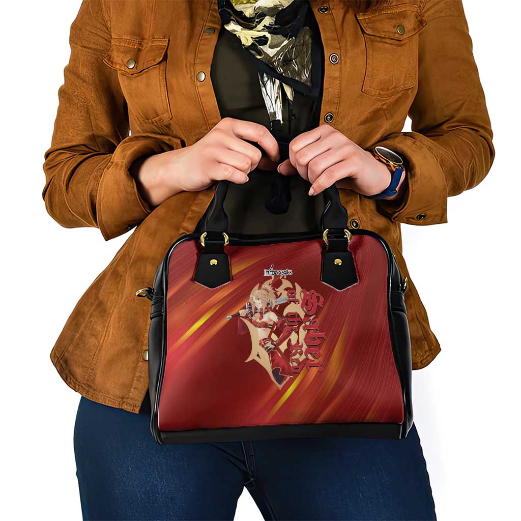Saber of Red Fate Apocrypha Theme Shoulder Handbag with Sword Pose and Fiery Red Gradient Graphic Design - The Mazicc