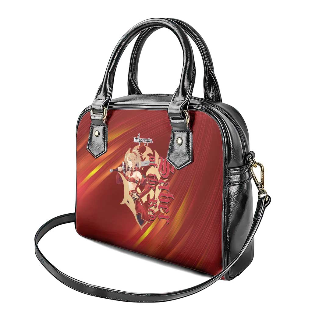Saber of Red Fate Apocrypha Theme Shoulder Handbag with Sword Pose and Fiery Red Gradient Graphic Design - The Mazicc