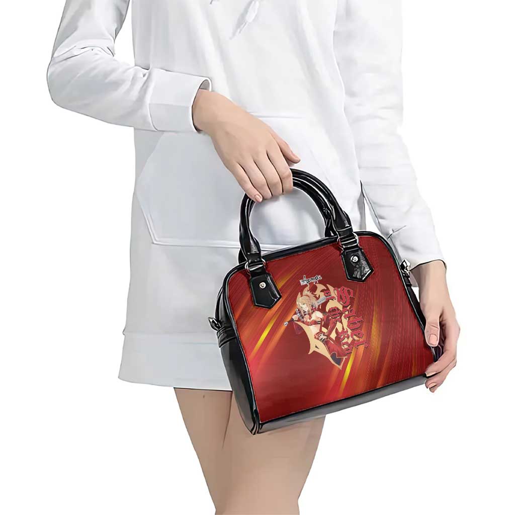 Saber of Red Fate Apocrypha Theme Shoulder Handbag with Sword Pose and Fiery Red Gradient Graphic Design - The Mazicc
