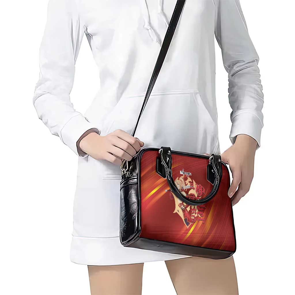 Saber of Red Fate Apocrypha Theme Shoulder Handbag with Sword Pose and Fiery Red Gradient Graphic Design - The Mazicc
