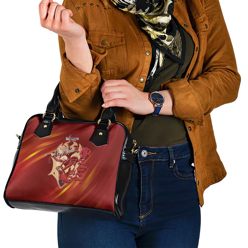 Saber of Red Fate Apocrypha Theme Shoulder Handbag with Sword Pose and Fiery Red Gradient Graphic Design - The Mazicc