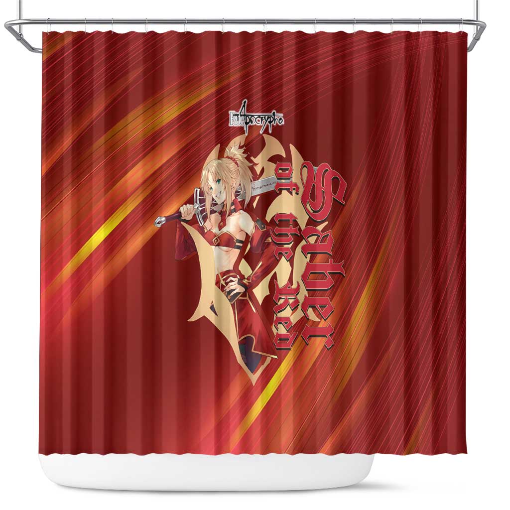 Saber of Red Fate Apocrypha Theme Shower Curtain with Sword Pose and Fiery Red Gradient Graphic Design - The Mazicc