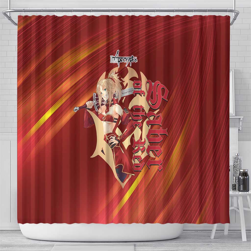Saber of Red Fate Apocrypha Theme Shower Curtain with Sword Pose and Fiery Red Gradient Graphic Design - The Mazicc