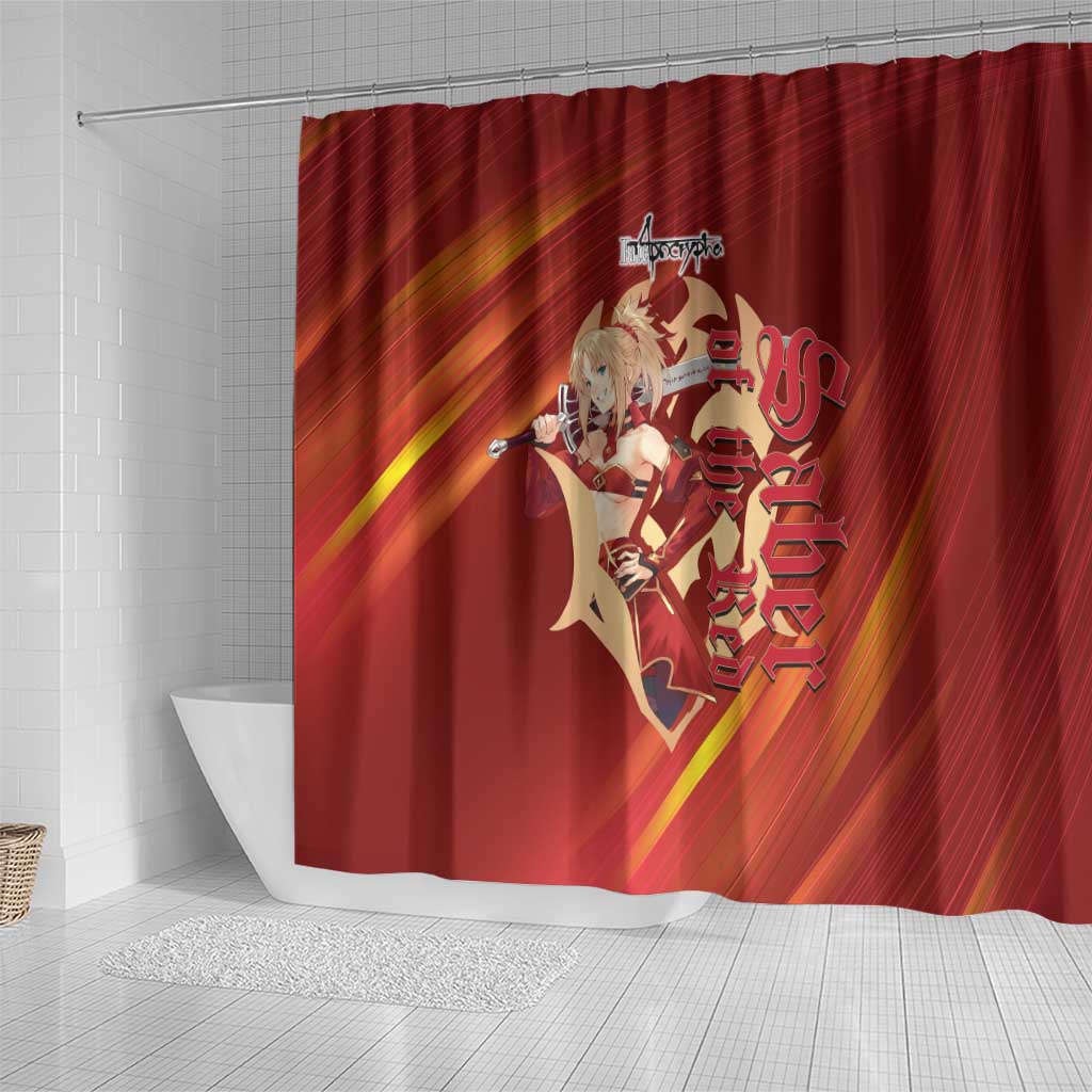 Saber of Red Fate Apocrypha Theme Shower Curtain with Sword Pose and Fiery Red Gradient Graphic Design - The Mazicc