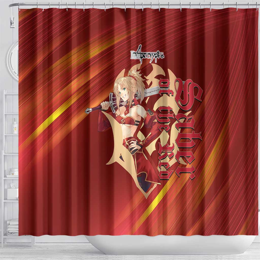 Saber of Red Fate Apocrypha Theme Shower Curtain with Sword Pose and Fiery Red Gradient Graphic Design - The Mazicc