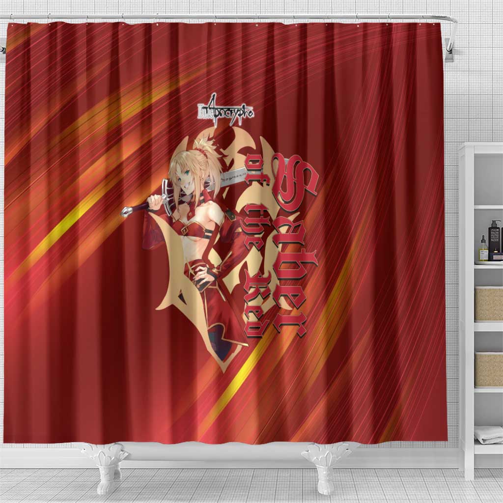 Saber of Red Fate Apocrypha Theme Shower Curtain with Sword Pose and Fiery Red Gradient Graphic Design - The Mazicc