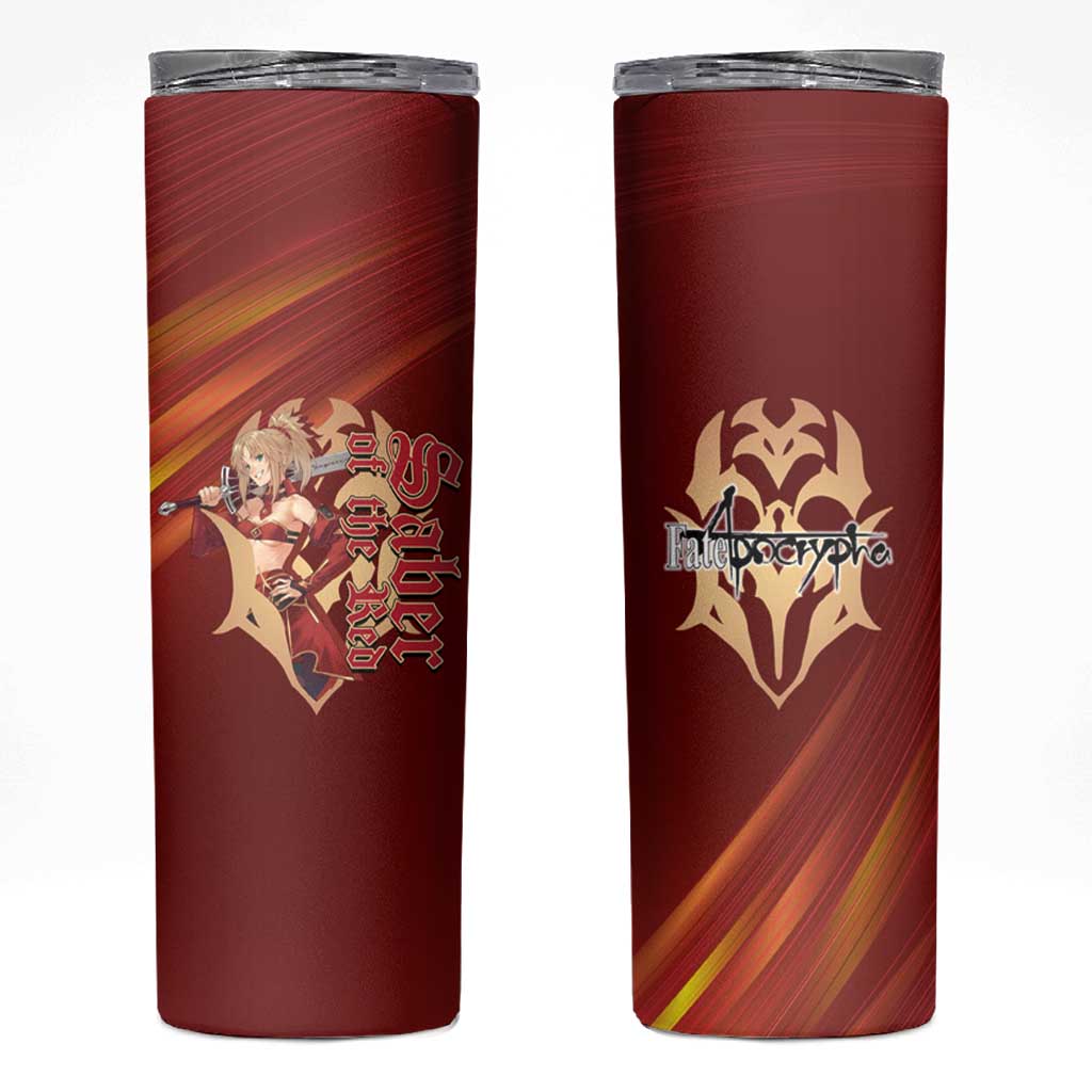 Saber of Red Fate Apocrypha Theme Skinny Tumbler with Sword Pose and Fiery Red Gradient Graphic Design - The Mazicc