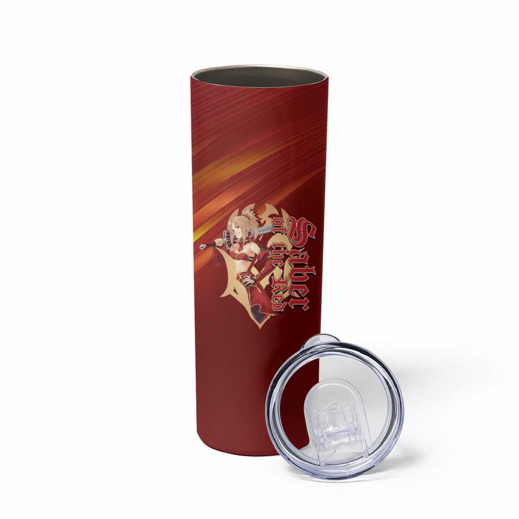 Saber of Red Fate Apocrypha Theme Skinny Tumbler with Sword Pose and Fiery Red Gradient Graphic Design - The Mazicc