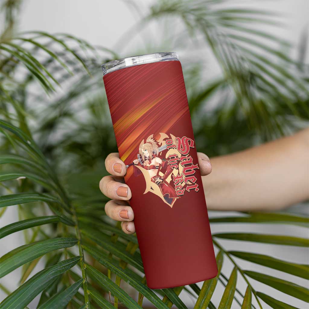 Saber of Red Fate Apocrypha Theme Skinny Tumbler with Sword Pose and Fiery Red Gradient Graphic Design - The Mazicc