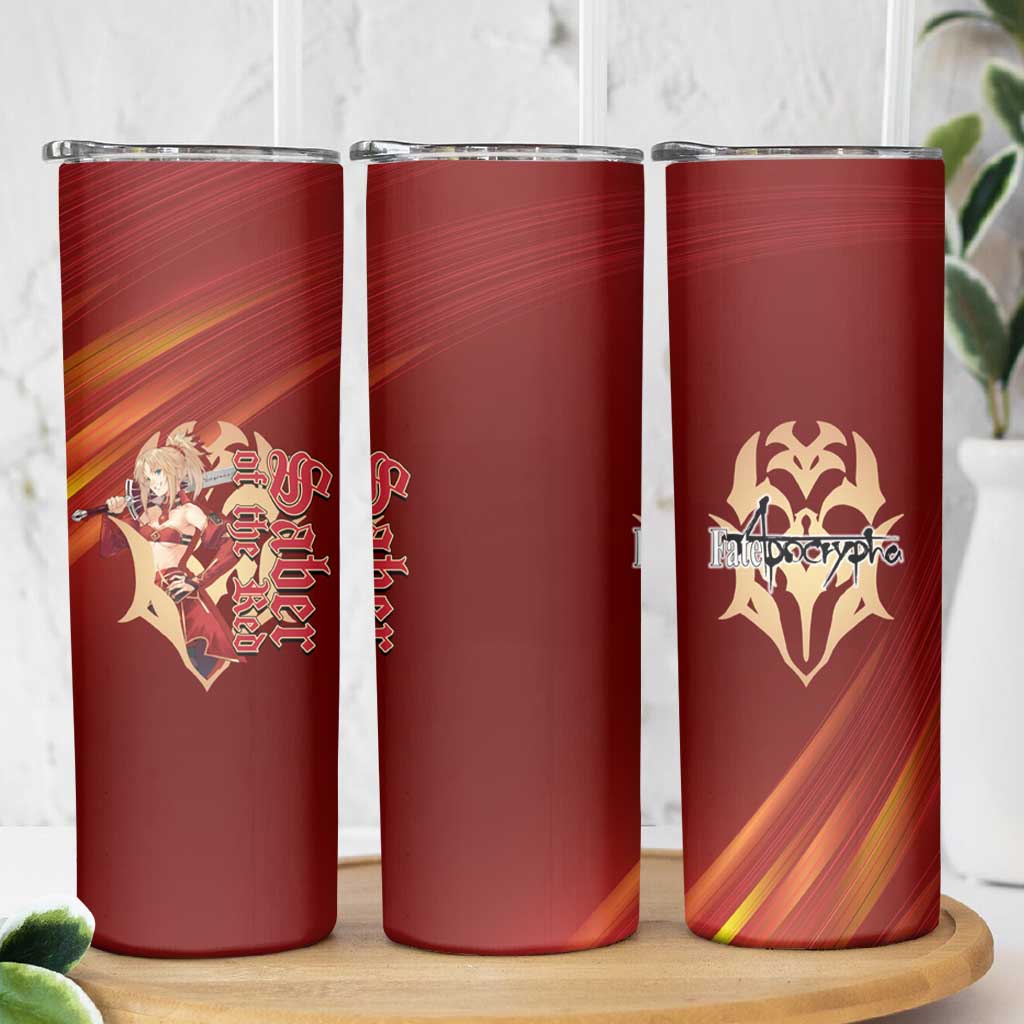Saber of Red Fate Apocrypha Theme Skinny Tumbler with Sword Pose and Fiery Red Gradient Graphic Design - The Mazicc