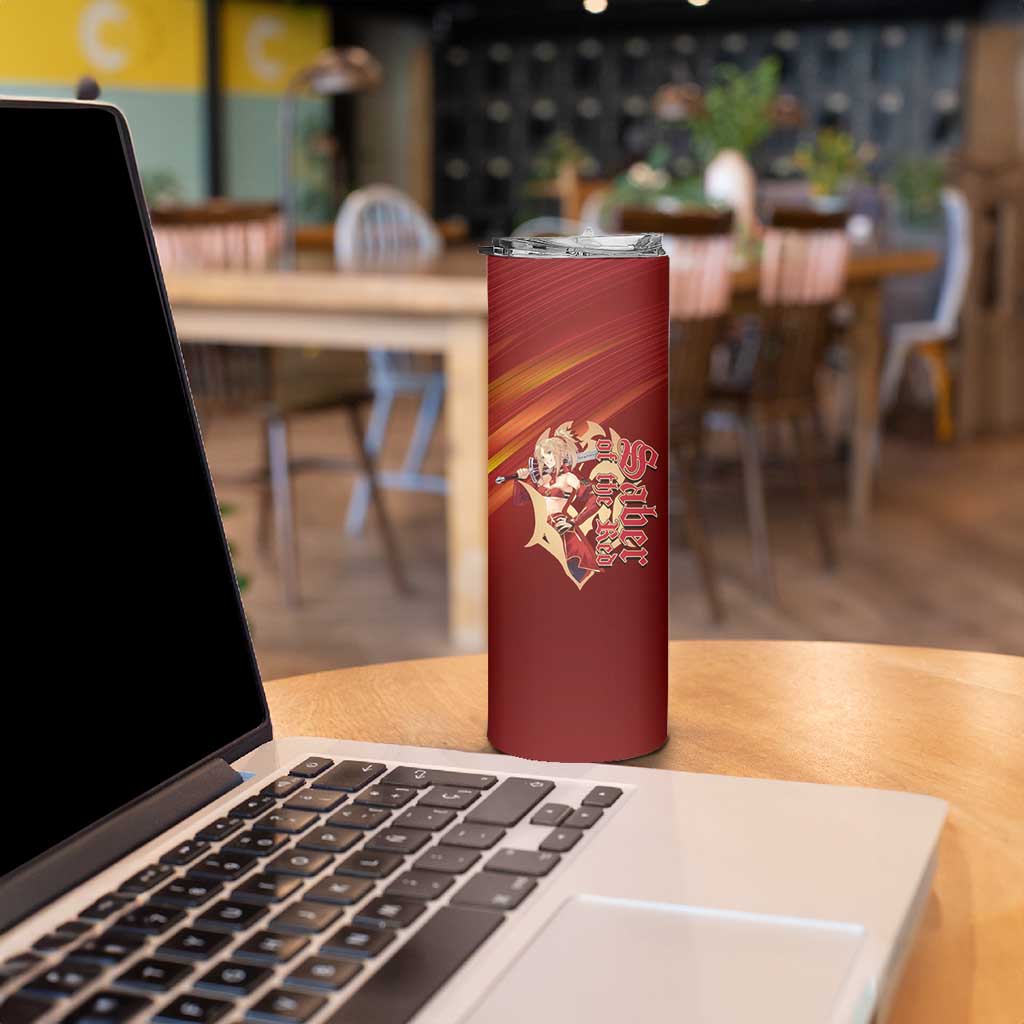 Saber of Red Fate Apocrypha Theme Skinny Tumbler with Sword Pose and Fiery Red Gradient Graphic Design - The Mazicc
