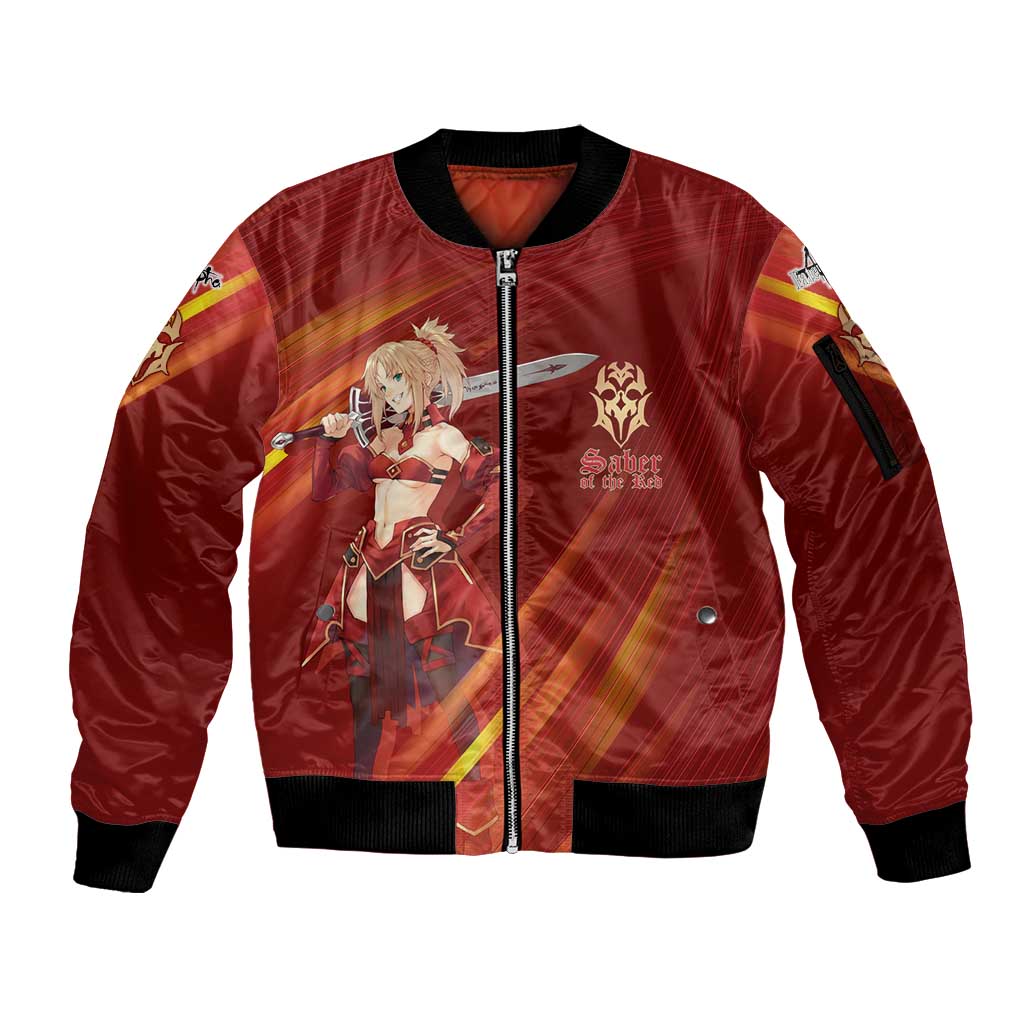 Saber of Red Fate Apocrypha Theme Sleeve Zip Bomber Jacket with Sword Pose and Fiery Red Gradient Graphic Design - The Mazicc