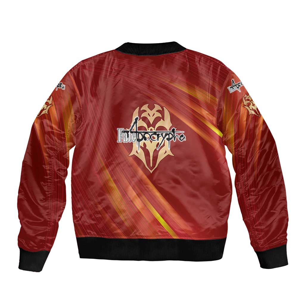 Saber of Red Fate Apocrypha Theme Sleeve Zip Bomber Jacket with Sword Pose and Fiery Red Gradient Graphic Design - The Mazicc