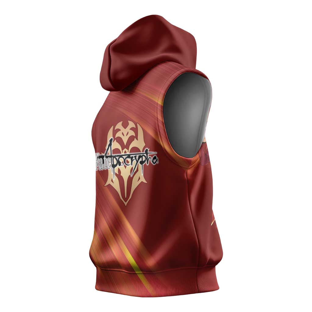 Saber of Red Fate Apocrypha Theme Sleeveless Hoodie with Sword Pose and Fiery Red Gradient Graphic Design - The Mazicc