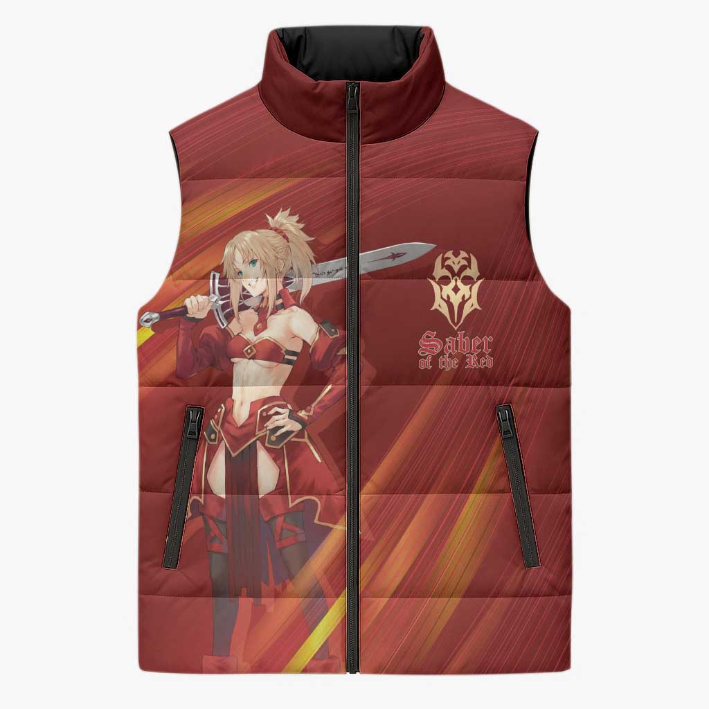 Saber of Red Fate Apocrypha Theme Sleeveless Puffer Jacket with Sword Pose and Fiery Red Gradient Graphic Design - The Mazicc