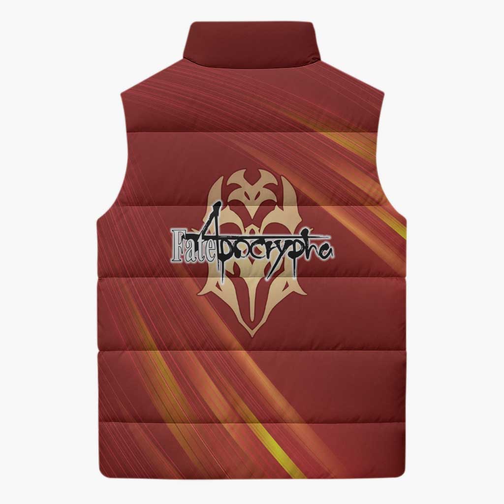Saber of Red Fate Apocrypha Theme Sleeveless Puffer Jacket with Sword Pose and Fiery Red Gradient Graphic Design - The Mazicc