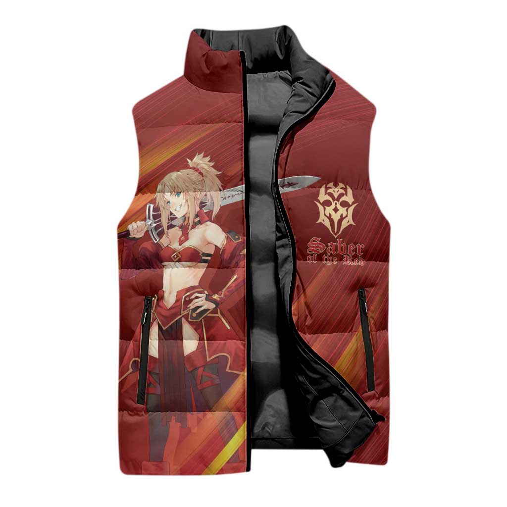 Saber of Red Fate Apocrypha Theme Sleeveless Puffer Jacket with Sword Pose and Fiery Red Gradient Graphic Design - The Mazicc