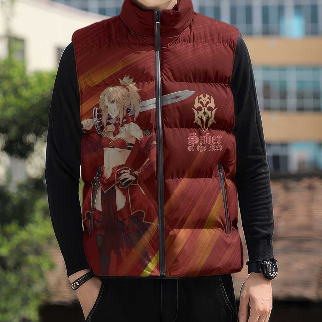 Saber of Red Fate Apocrypha Theme Sleeveless Puffer Jacket with Sword Pose and Fiery Red Gradient Graphic Design - The Mazicc