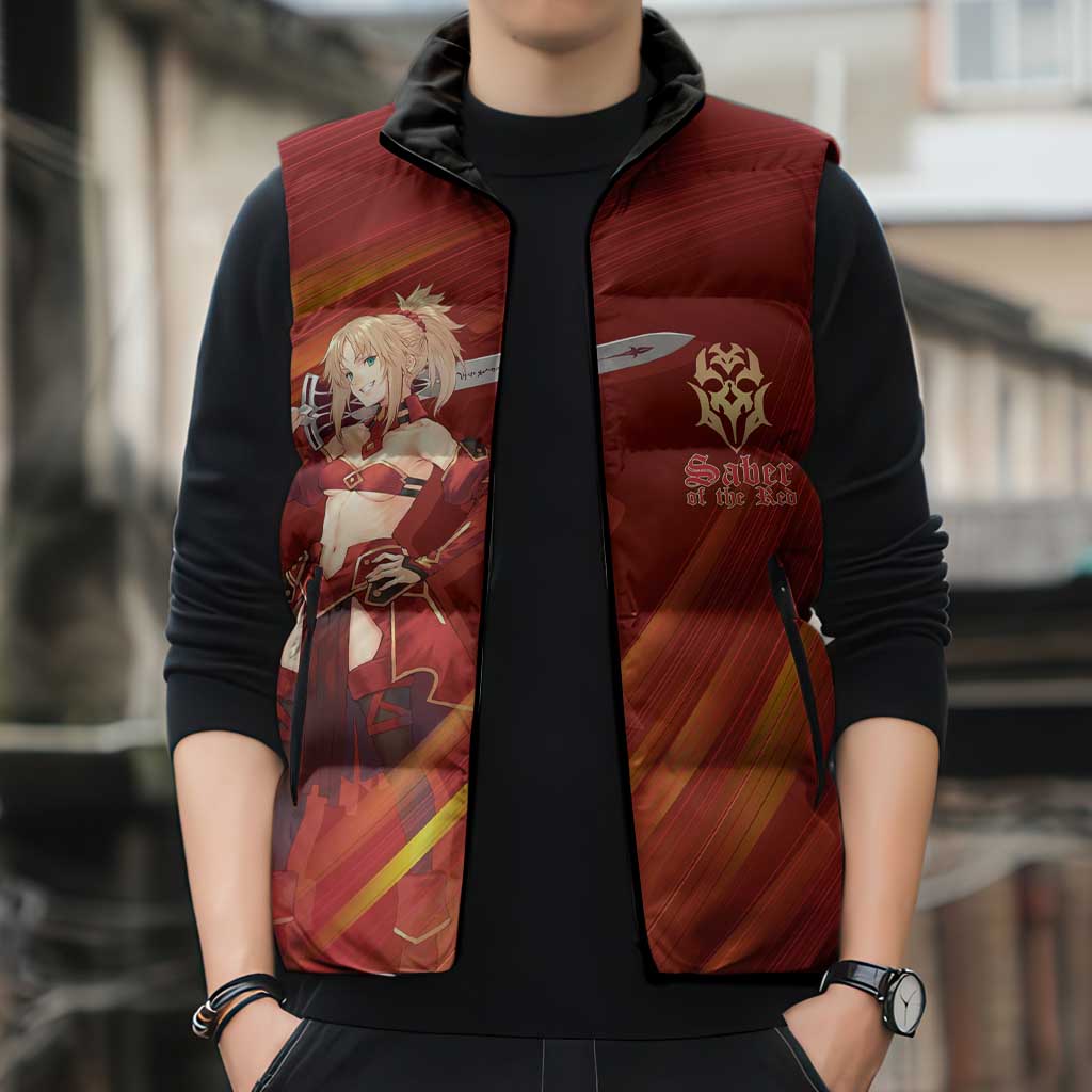 Saber of Red Fate Apocrypha Theme Sleeveless Puffer Jacket with Sword Pose and Fiery Red Gradient Graphic Design - The Mazicc
