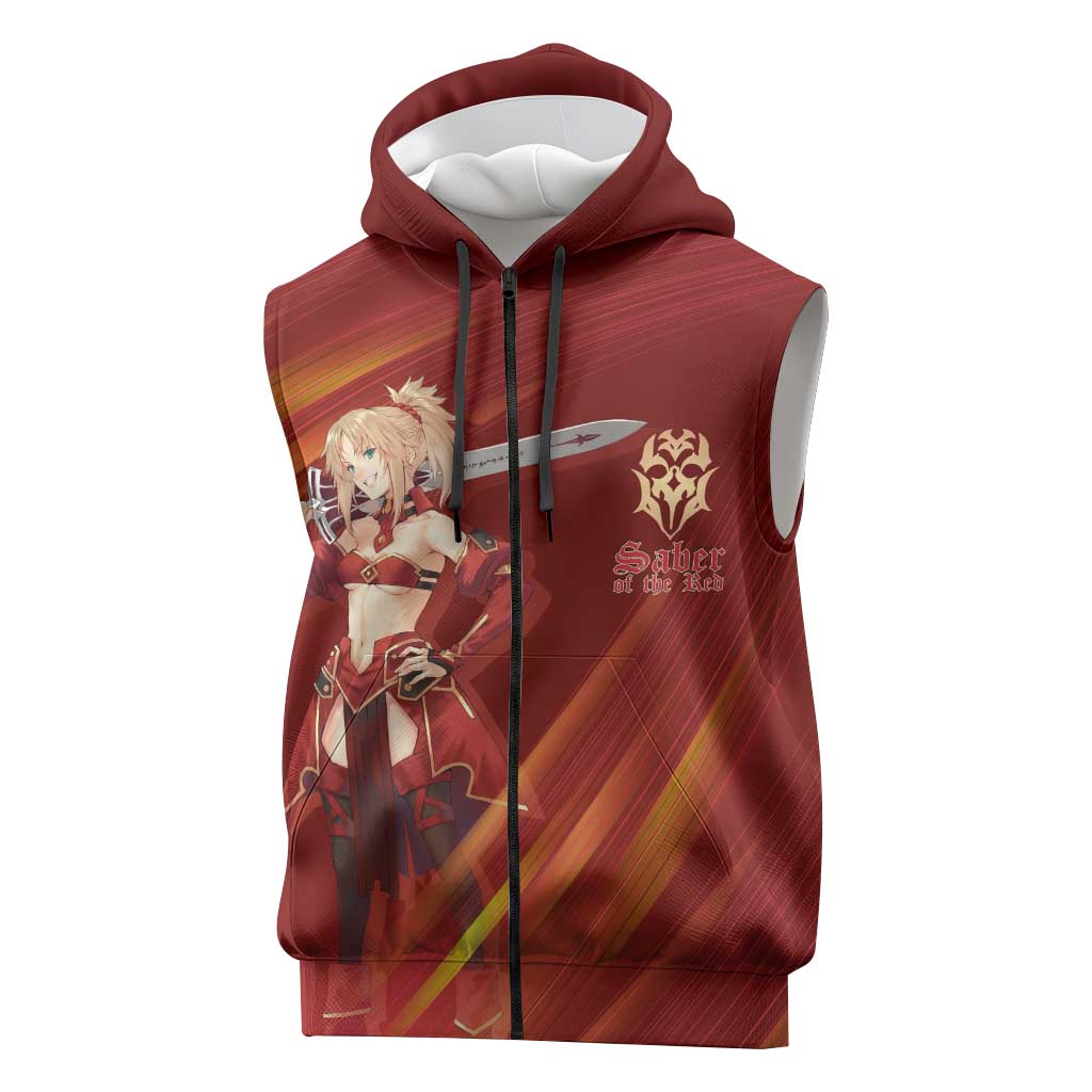 Saber of Red Fate Apocrypha Theme Sleeveless Zip Hoodie with Sword Pose and Fiery Red Gradient Graphic Design - The Mazicc
