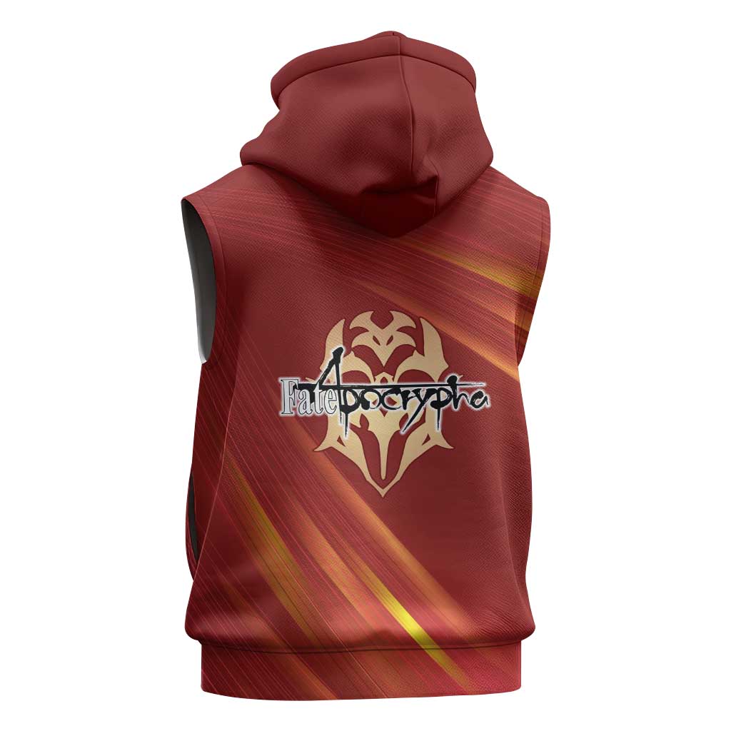 Saber of Red Fate Apocrypha Theme Sleeveless Zip Hoodie with Sword Pose and Fiery Red Gradient Graphic Design - The Mazicc
