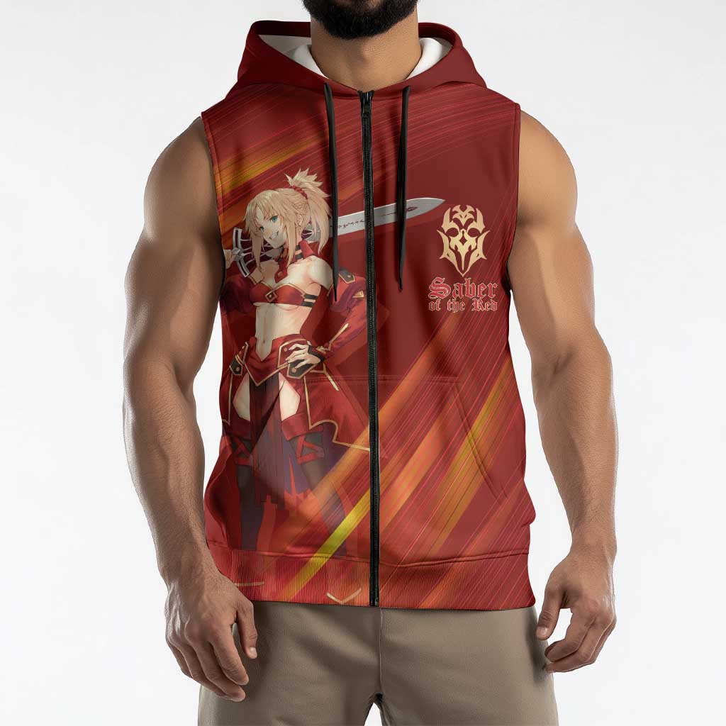 Saber of Red Fate Apocrypha Theme Sleeveless Zip Hoodie with Sword Pose and Fiery Red Gradient Graphic Design - The Mazicc