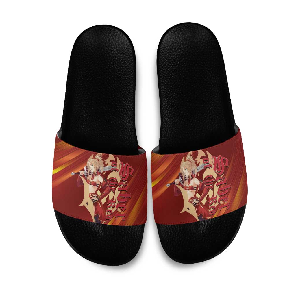 Saber of Red Fate Apocrypha Theme Slide Sandals with Sword Pose and Fiery Red Gradient Graphic Design - The Mazicc