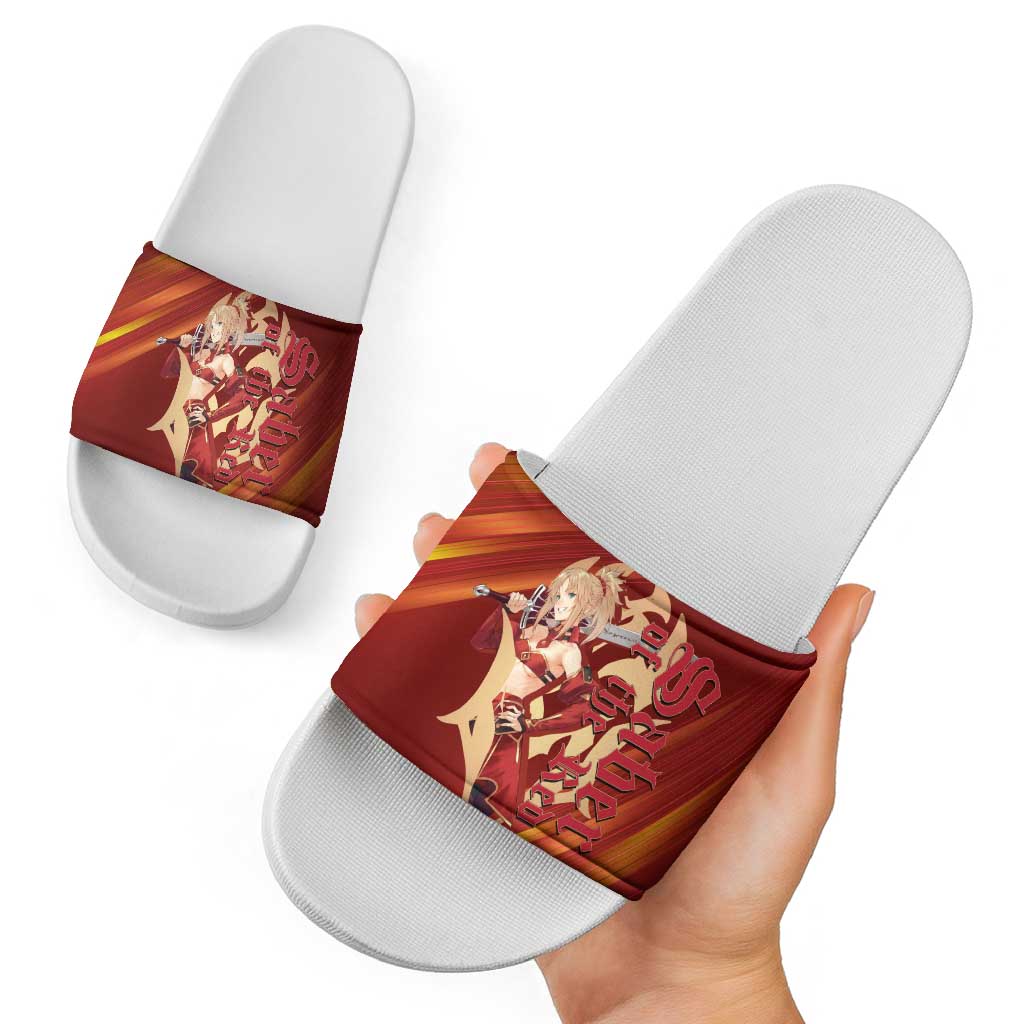 Saber of Red Fate Apocrypha Theme Slide Sandals with Sword Pose and Fiery Red Gradient Graphic Design - The Mazicc