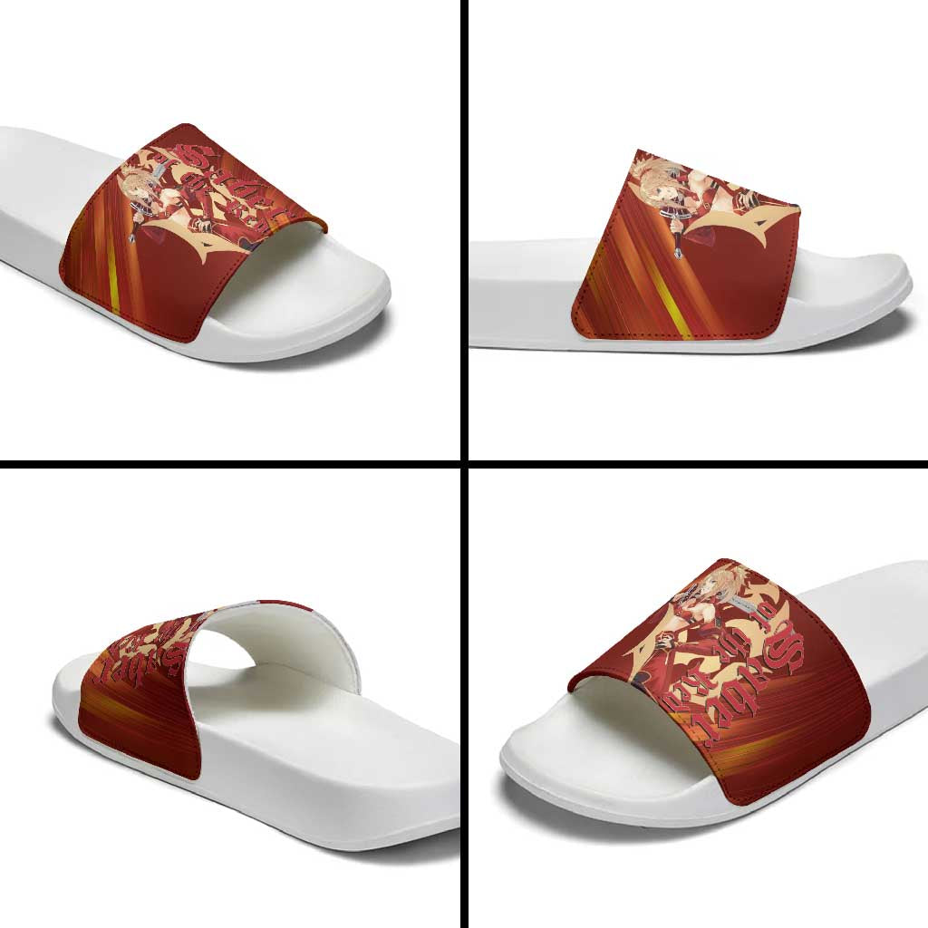 Saber of Red Fate Apocrypha Theme Slide Sandals with Sword Pose and Fiery Red Gradient Graphic Design - The Mazicc