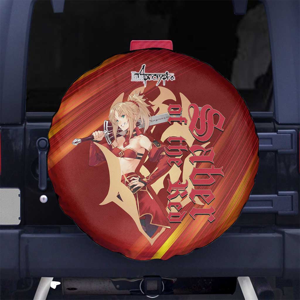 Saber of Red Fate Apocrypha Theme Spare Tire Cover with Sword Pose and Fiery Red Gradient Graphic Design - The Mazicc