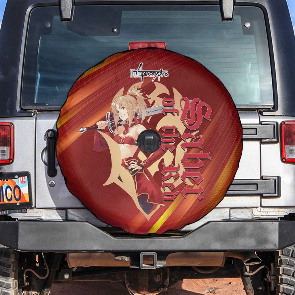 Saber of Red Fate Apocrypha Theme Spare Tire Cover with Sword Pose and Fiery Red Gradient Graphic Design - The Mazicc