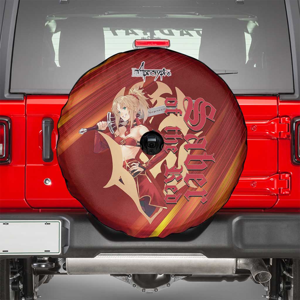 Saber of Red Fate Apocrypha Theme Spare Tire Cover with Sword Pose and Fiery Red Gradient Graphic Design - The Mazicc