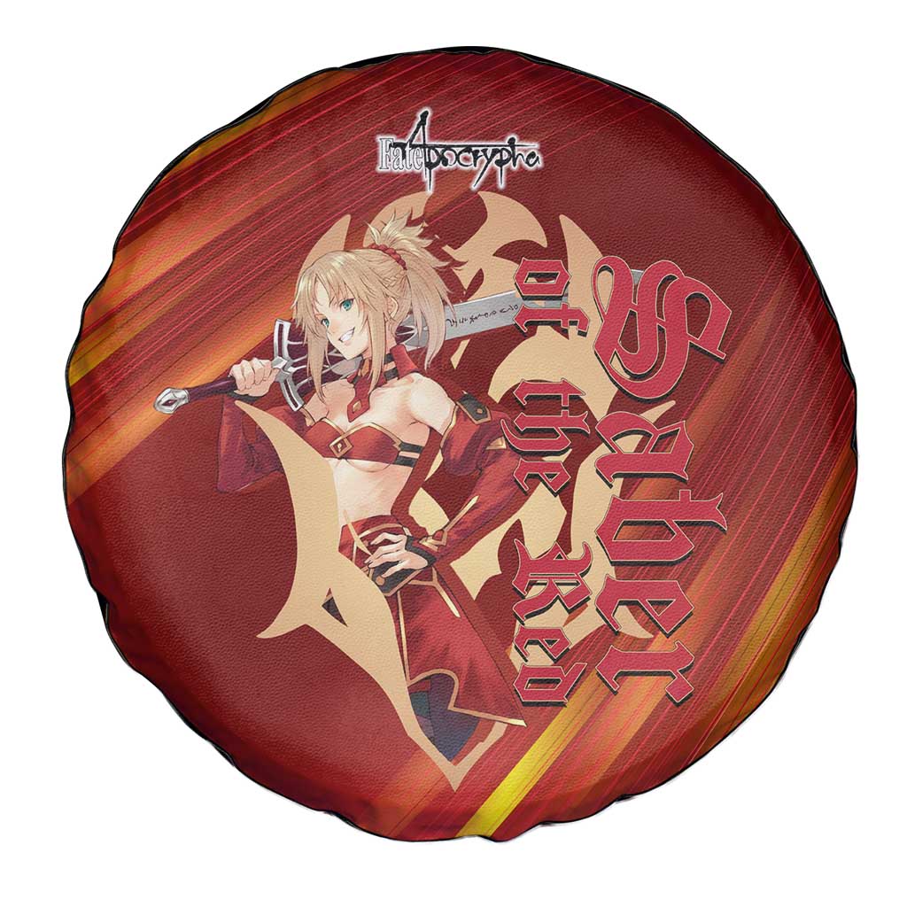 Saber of Red Fate Apocrypha Theme Spare Tire Cover with Sword Pose and Fiery Red Gradient Graphic Design - The Mazicc