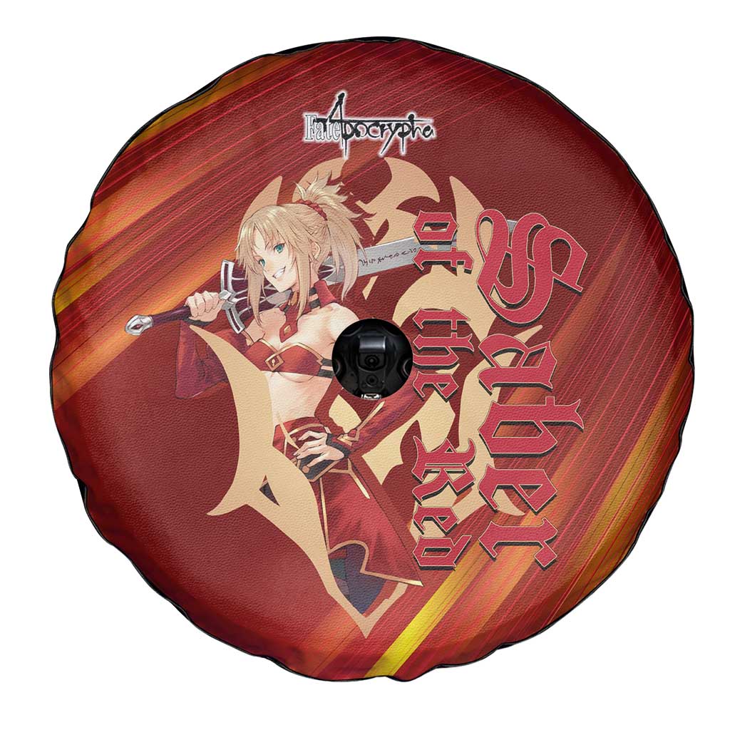 Saber of Red Fate Apocrypha Theme Spare Tire Cover with Sword Pose and Fiery Red Gradient Graphic Design - The Mazicc
