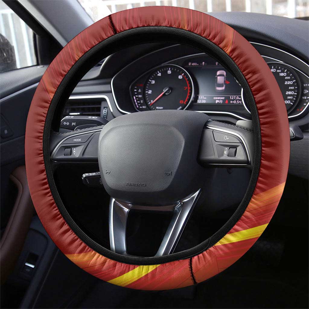 Saber of Red Fate Apocrypha Theme Steering Wheel Cover with Sword Pose and Fiery Red Gradient Graphic Design - The Mazicc