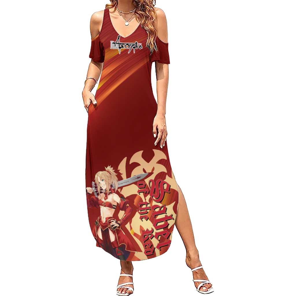 Saber of Red Fate Apocrypha Theme Summer Maxi Dress with Sword Pose and Fiery Red Gradient Graphic Design - The Mazicc