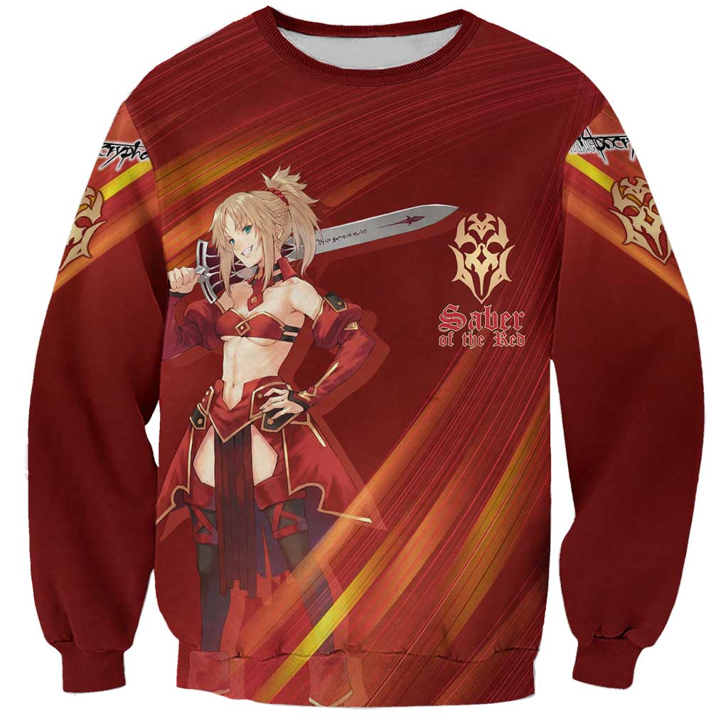 Saber of Red Fate Apocrypha Theme Sweatshirt with Sword Pose and Fiery Red Gradient Graphic Design - The Mazicc
