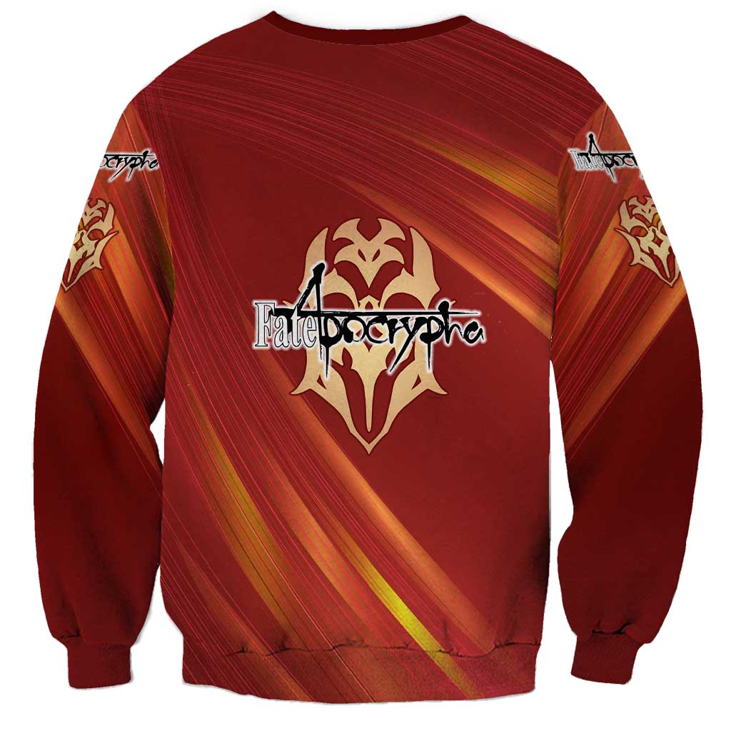 Saber of Red Fate Apocrypha Theme Sweatshirt with Sword Pose and Fiery Red Gradient Graphic Design - The Mazicc