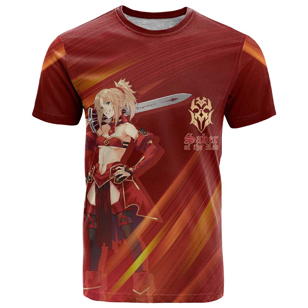 Saber of Red Fate Apocrypha Theme T Shirt with Sword Pose and Fiery Red Gradient Graphic Design - The Mazicc