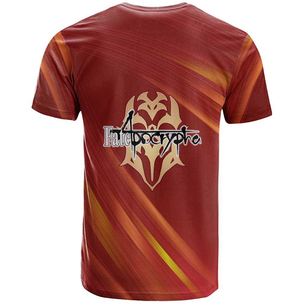 Saber of Red Fate Apocrypha Theme T Shirt with Sword Pose and Fiery Red Gradient Graphic Design - The Mazicc
