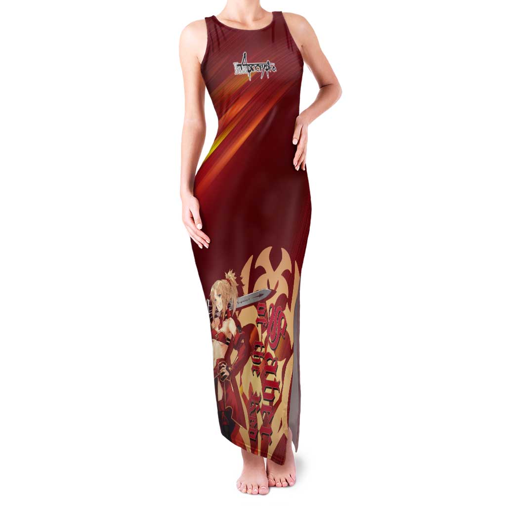 Saber of Red Fate Apocrypha Theme Tank Maxi Dress with Sword Pose and Fiery Red Gradient Graphic Design - The Mazicc