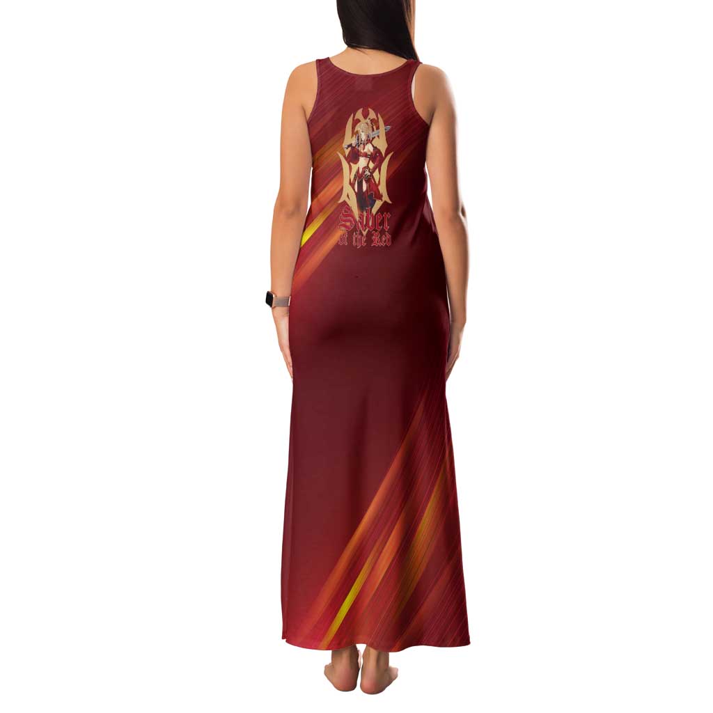Saber of Red Fate Apocrypha Theme Tank Maxi Dress with Sword Pose and Fiery Red Gradient Graphic Design - The Mazicc