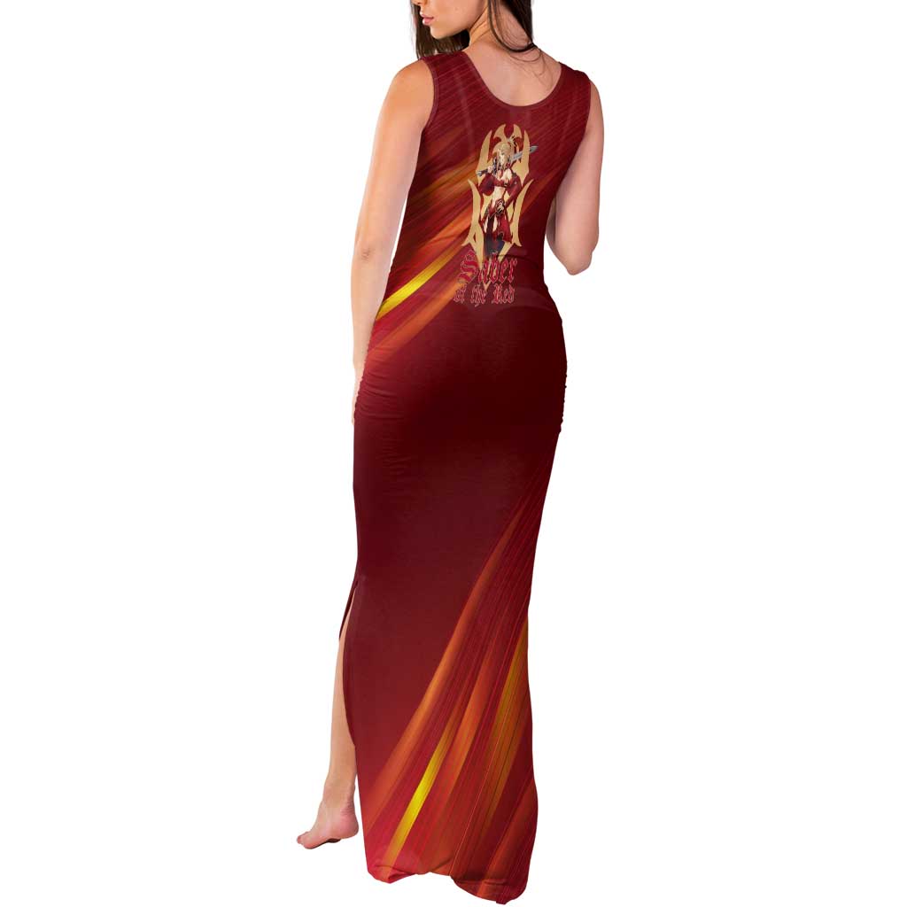 Saber of Red Fate Apocrypha Theme Tank Maxi Dress with Sword Pose and Fiery Red Gradient Graphic Design - The Mazicc