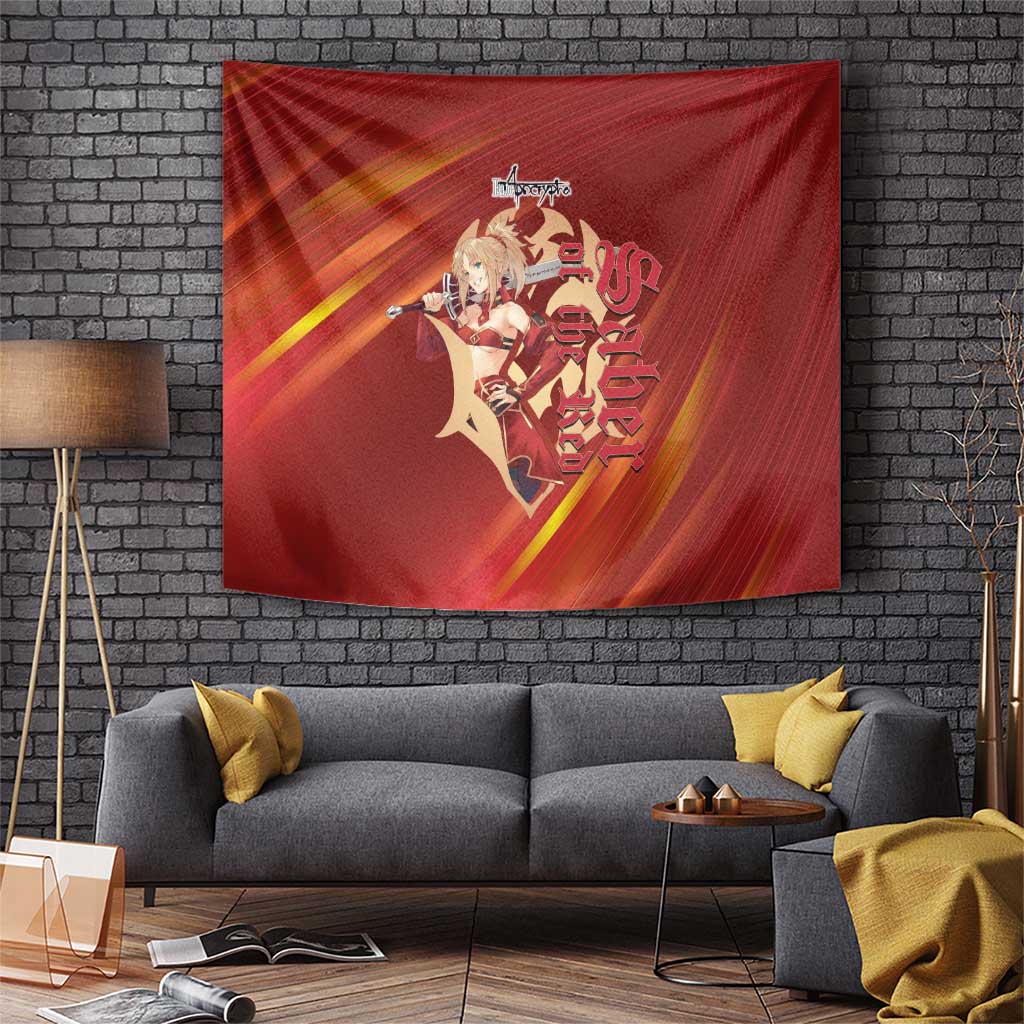 Saber of Red Fate Apocrypha Theme Tapestry with Sword Pose and Fiery Red Gradient Graphic Design - The Mazicc