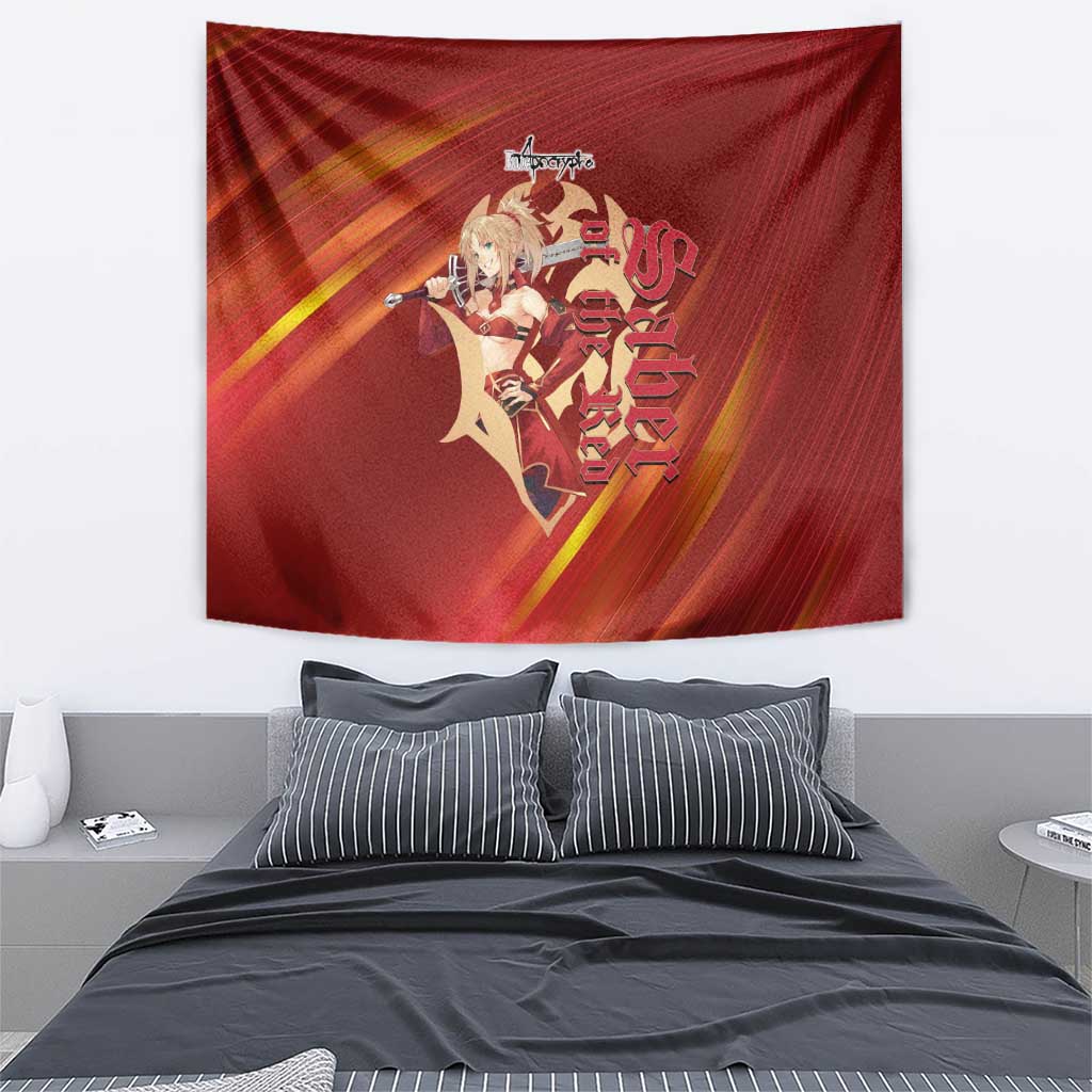 Saber of Red Fate Apocrypha Theme Tapestry with Sword Pose and Fiery Red Gradient Graphic Design - The Mazicc