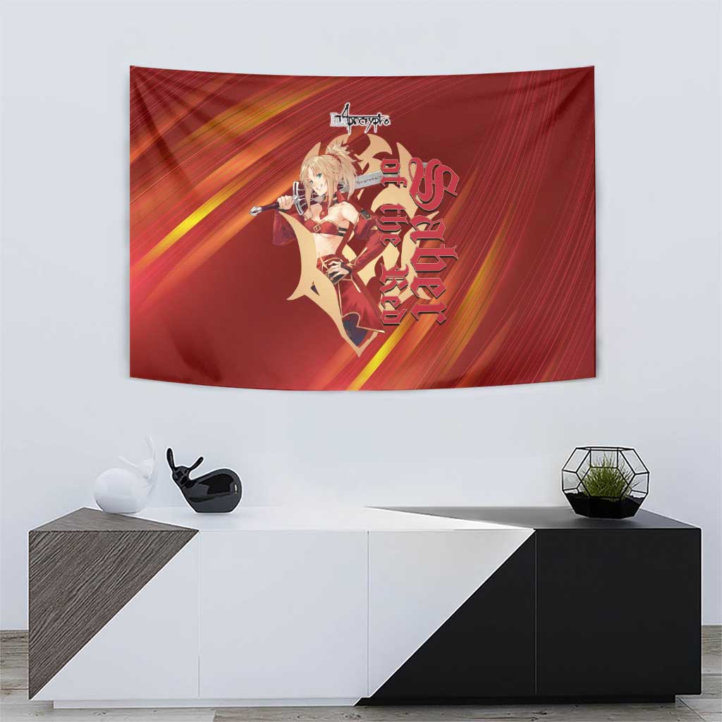 Saber of Red Fate Apocrypha Theme Tapestry with Sword Pose and Fiery Red Gradient Graphic Design - The Mazicc