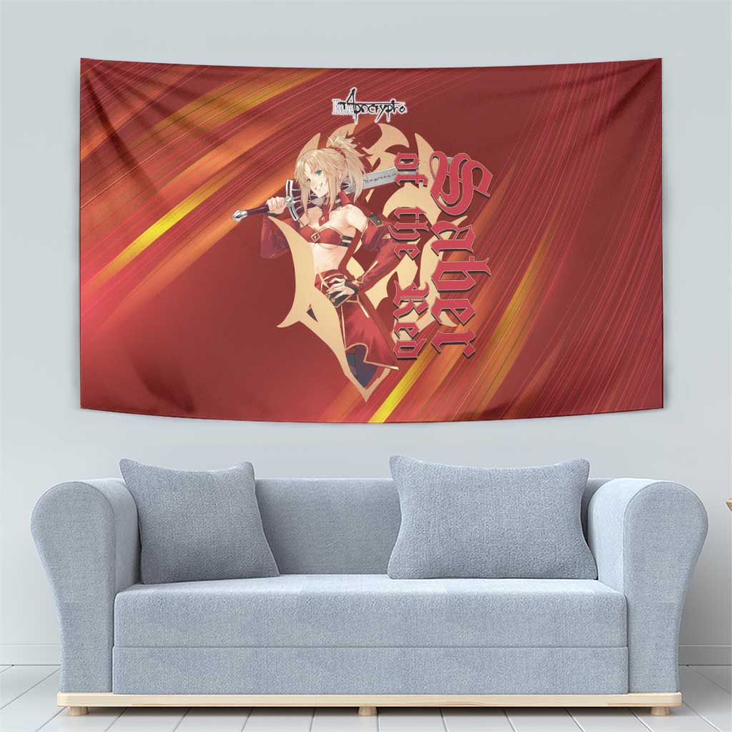 Saber of Red Fate Apocrypha Theme Tapestry with Sword Pose and Fiery Red Gradient Graphic Design - The Mazicc