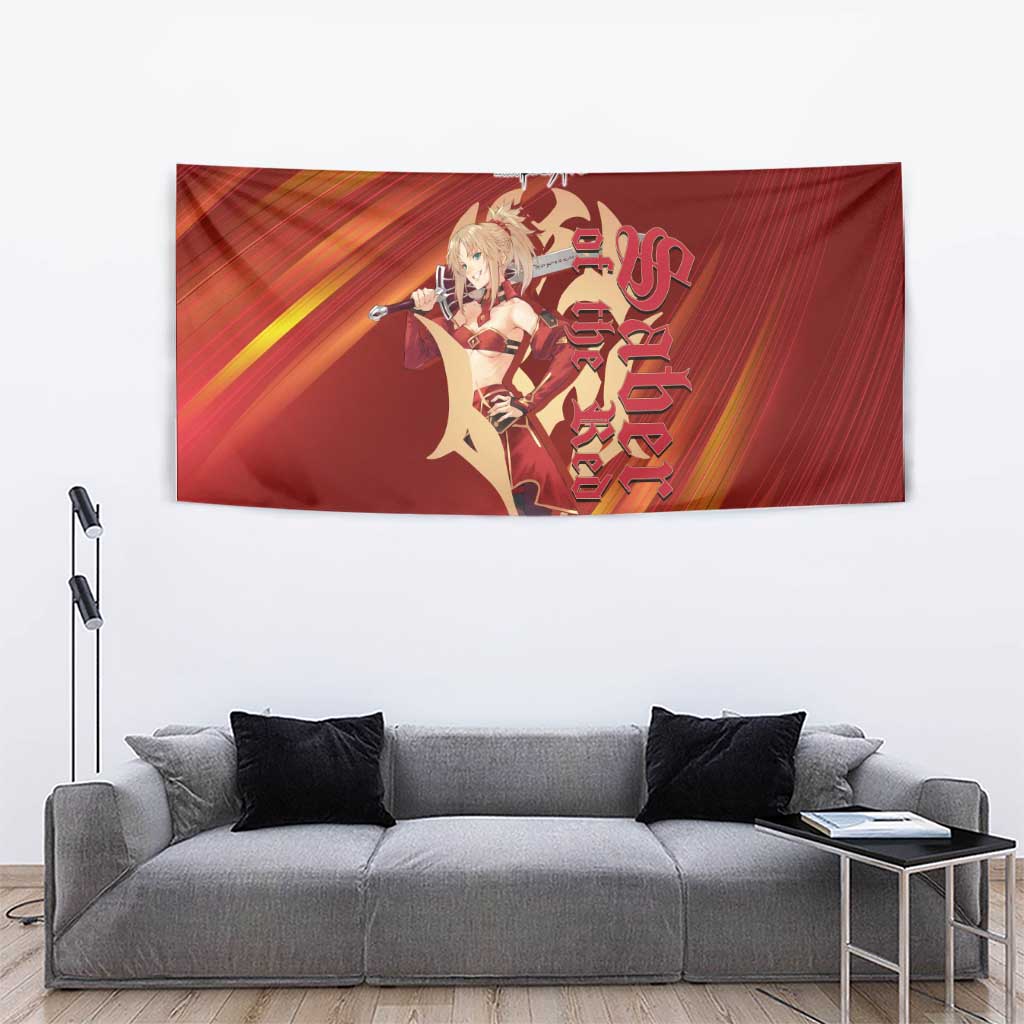 Saber of Red Fate Apocrypha Theme Tapestry with Sword Pose and Fiery Red Gradient Graphic Design - The Mazicc