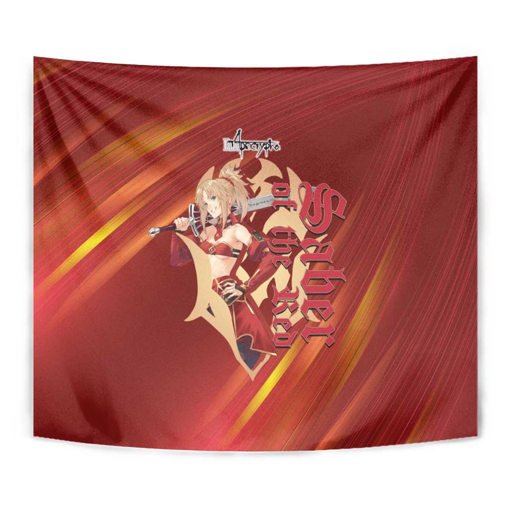 Saber of Red Fate Apocrypha Theme Tapestry with Sword Pose and Fiery Red Gradient Graphic Design - The Mazicc