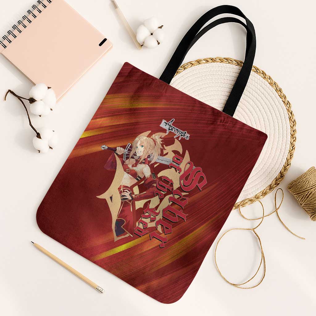 Saber of Red Fate Apocrypha Theme Tote Bag with Sword Pose and Fiery Red Gradient Graphic Design - The Mazicc